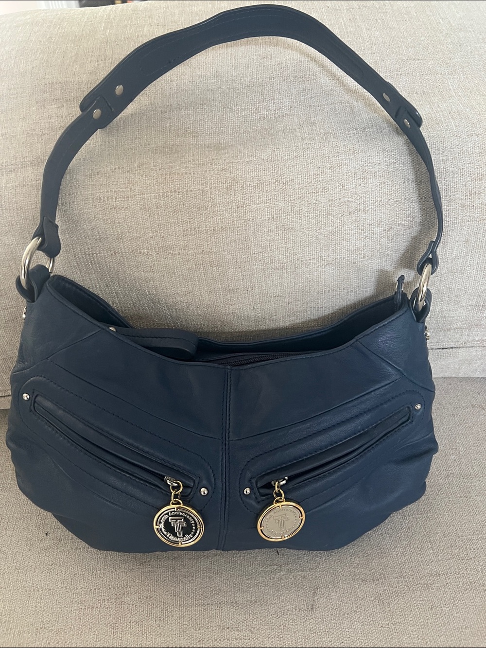Tignanello 20th Anniversary Blue Leather Shoulder Bag with Gold Charms